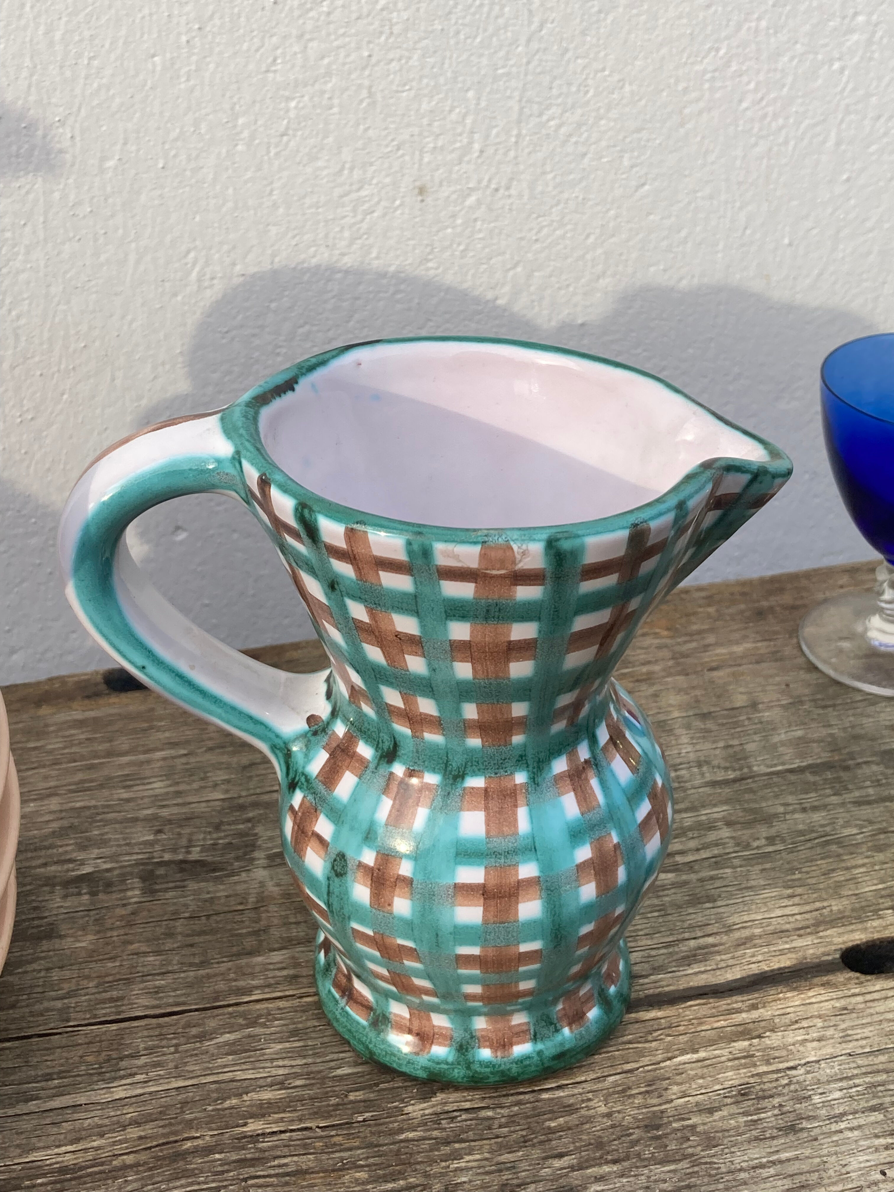 Robert Picault pitcher in green ceramic Vallauris checkered 1960