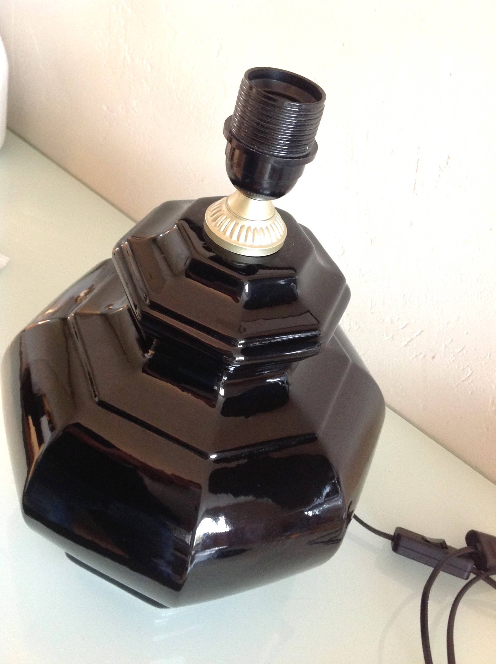 Octagonal black ceramic lamp and gold lampshade / vintage 70s