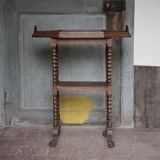 Vintage turned wood dessert trolley, wheeled table with removable top.