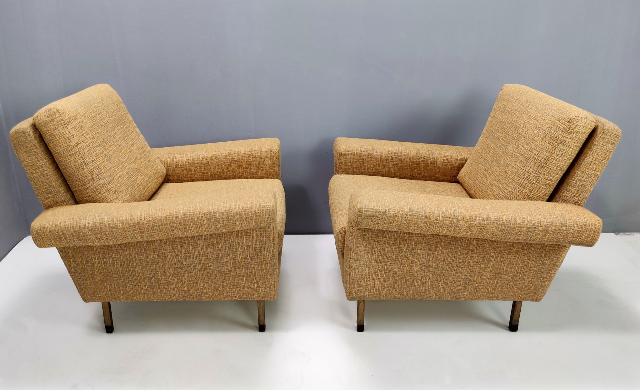 Pair of High-Quality Vintage Honey Yellow Fabric Armchairs, Italy