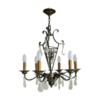 Art nouveau bronze & green iron 6 light crystal cage chandelier