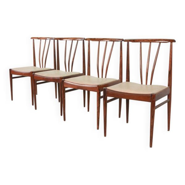 Chaises de salle à manger scandinaves à dossier fuseau en palissandre et revêtement blanc cassé