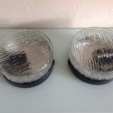 Pair of round ceiling lights in glass ice vintage 60-70s