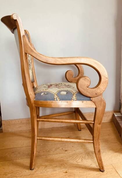 19th century St Empire armchair in pegged blond walnut with cross-stitched tapestries