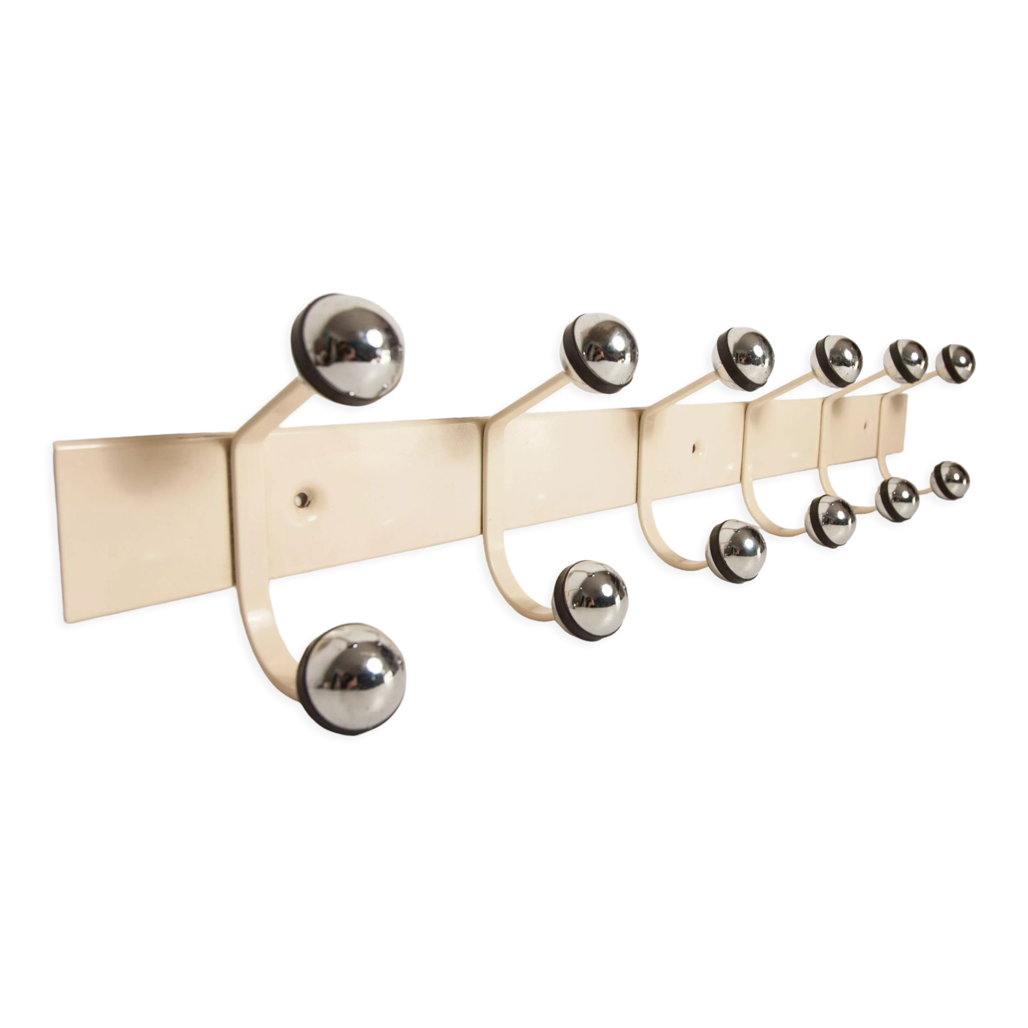 Wall coat rack 12 hooks balls 1970 beige and chrome