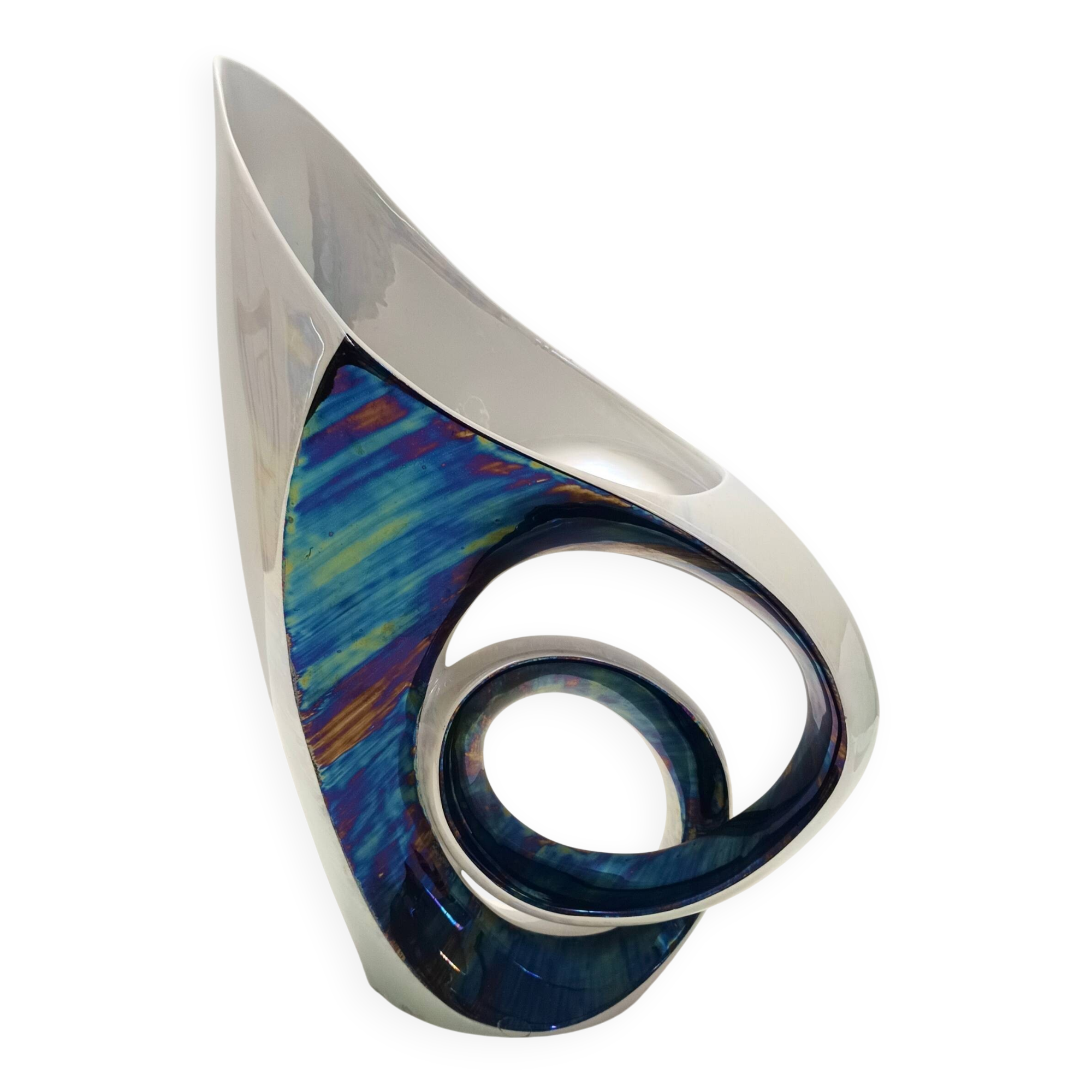 White and Iridescent Blue Ceramic Vase / Centerpiece by Lusso, Italy