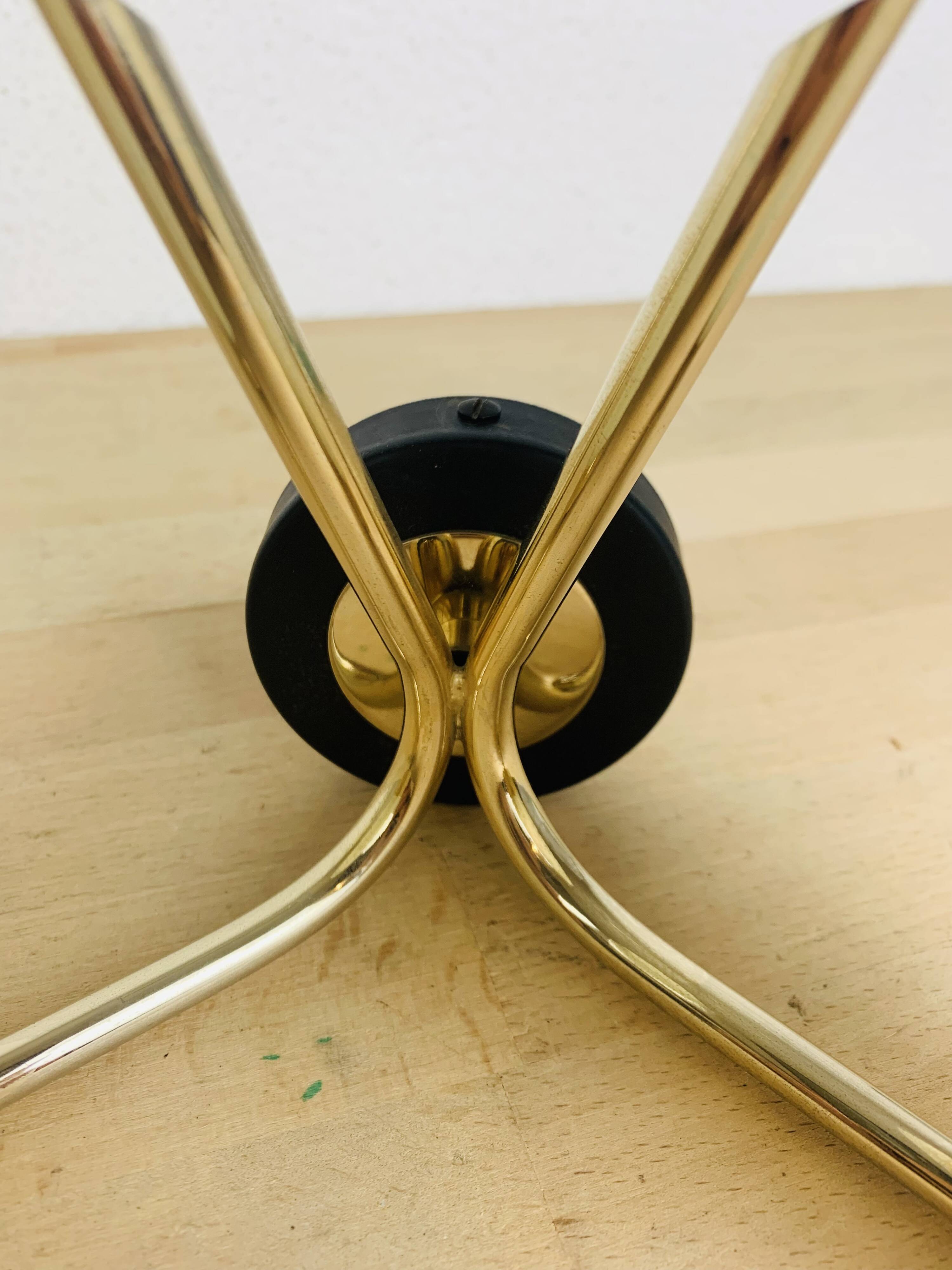 50s double-light wall light, brass and black metal, opaline tulips