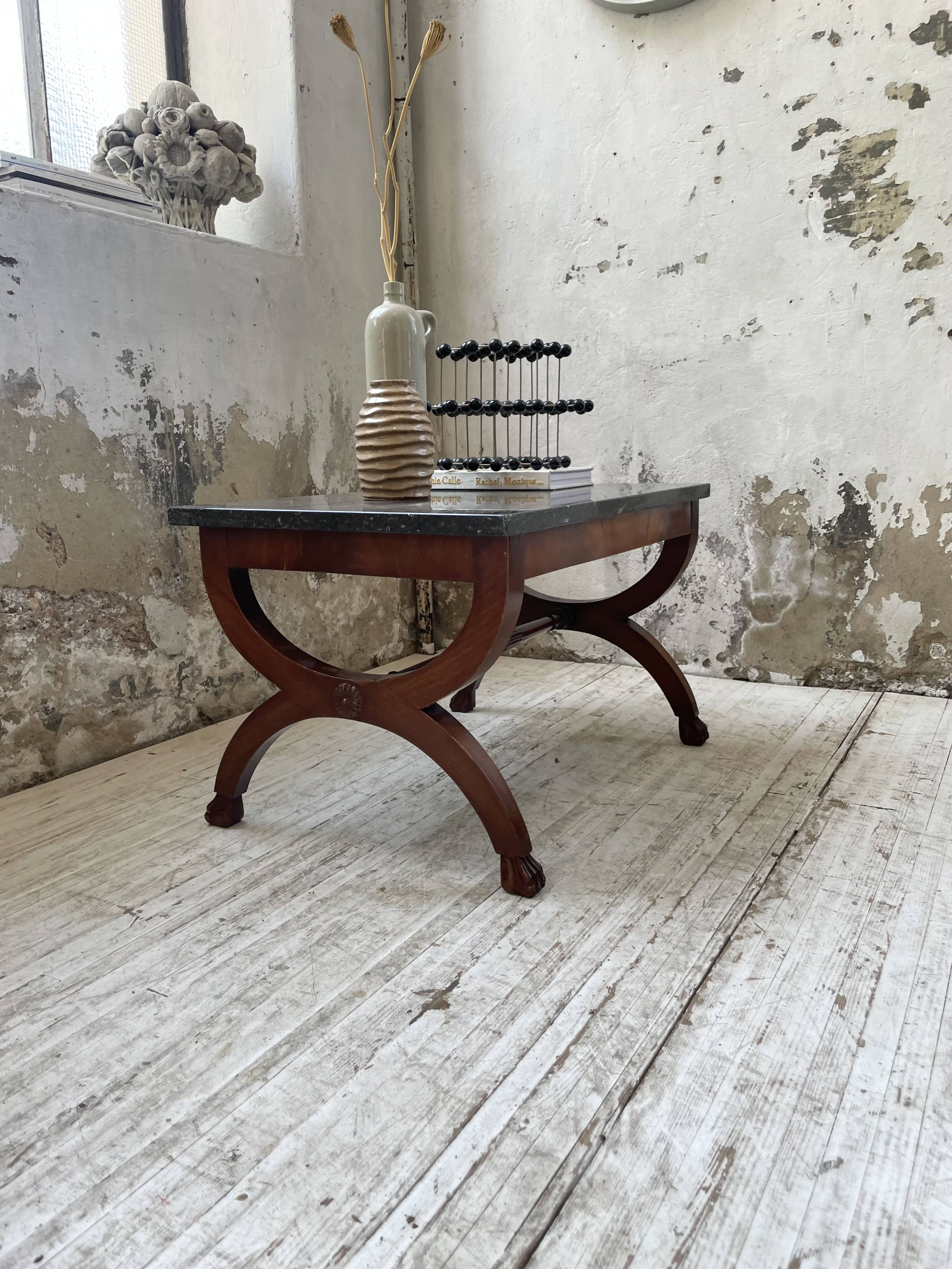 Empire style marble and mahogany coffee table