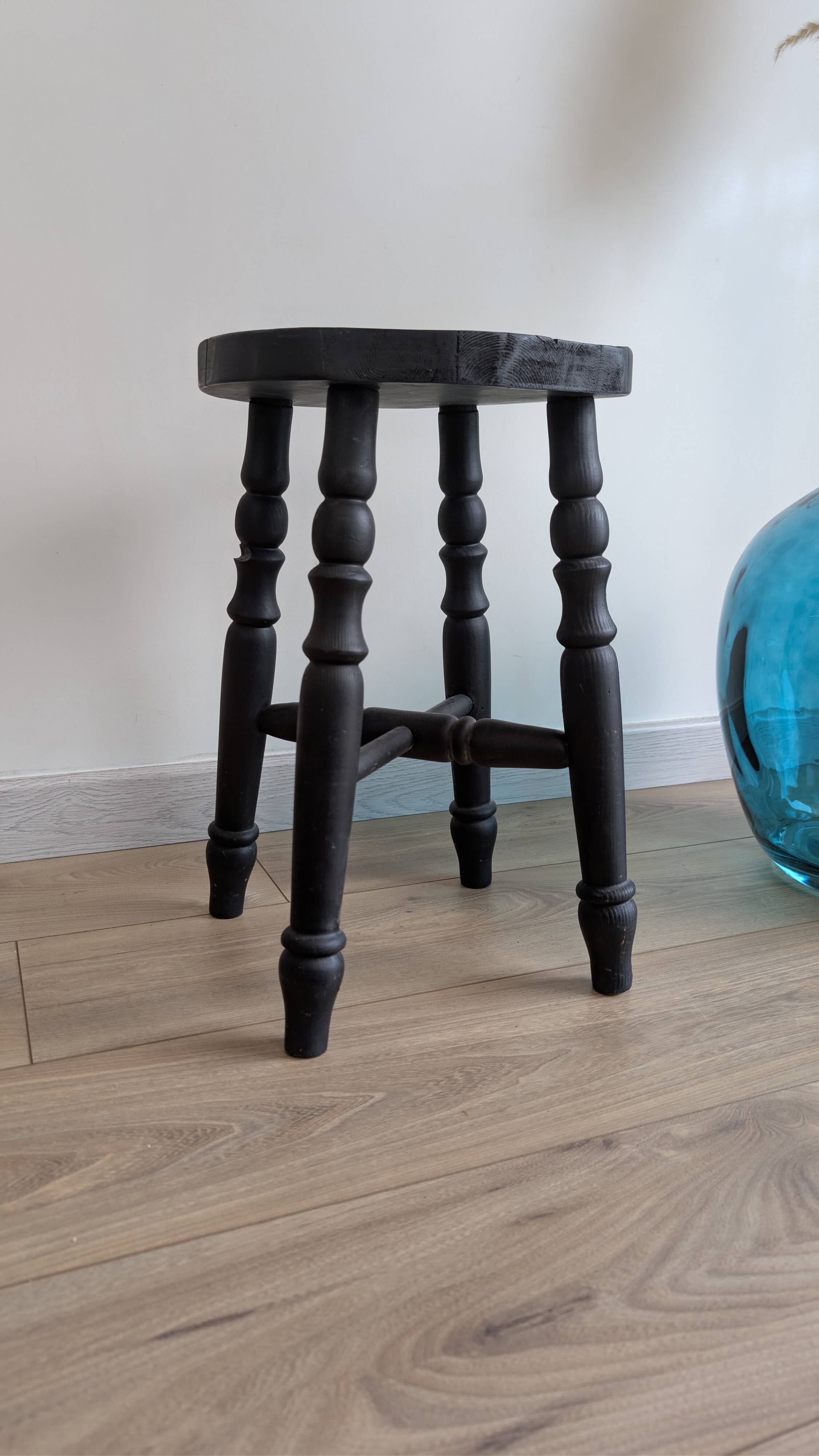 Antique solid wood stool with turned legs – rustic country style