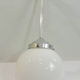 Vintage suspension in aluminum metal and opaline glass globe – Industrial design