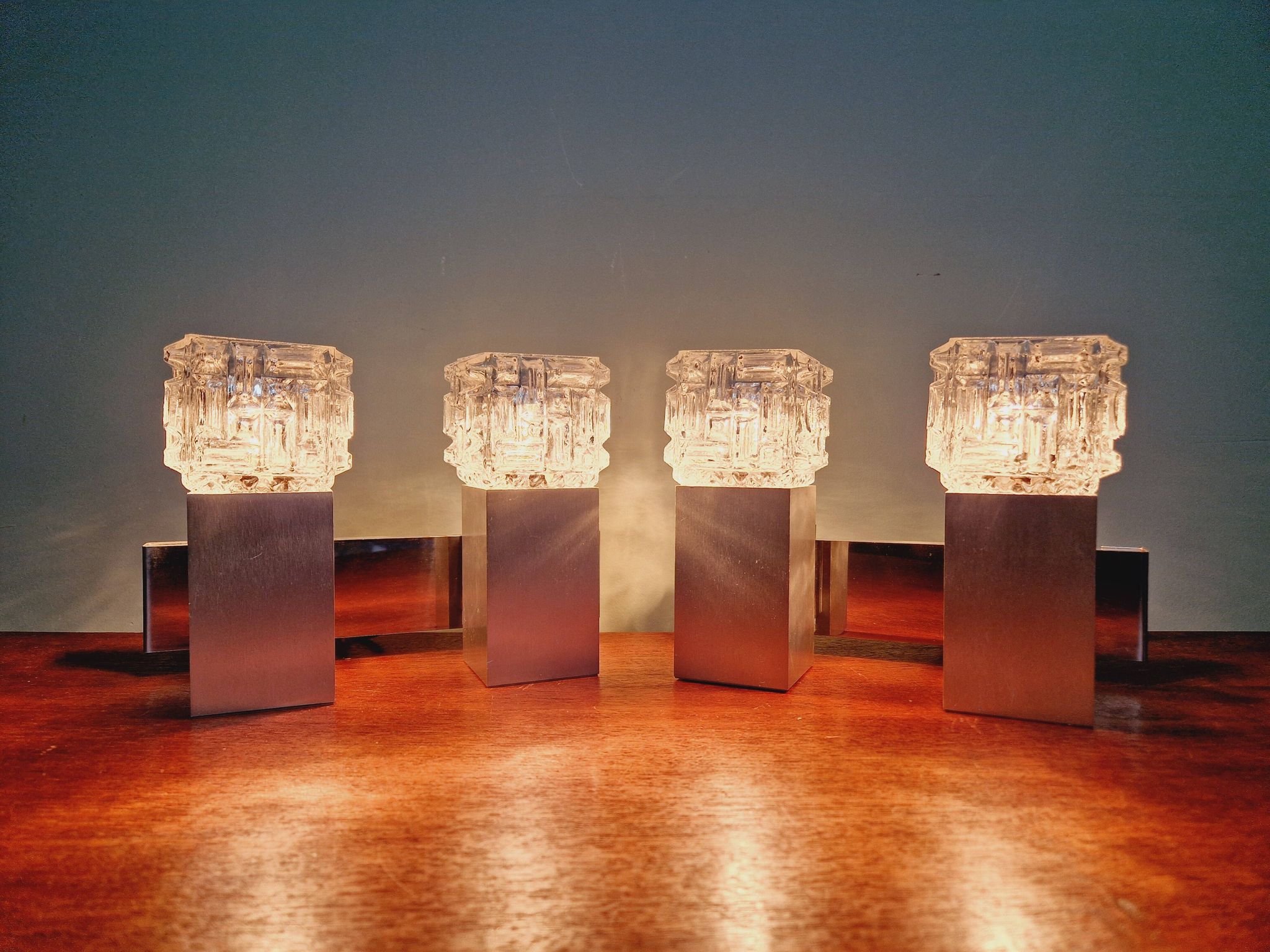 Pair of brushed aluminum and crystal wall lights, 1970s