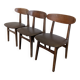 Set of 3 Vintage Wooden Dining Chairs with Brown Leather Seats / Mid-Centur