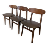 Set of 3 Vintage Wooden Dining Chairs with Brown Leather Seats / Mid-Centur