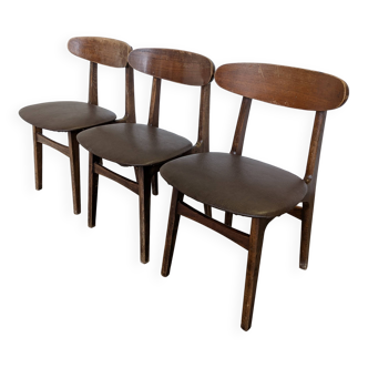 Set of 3 Vintage Wooden Dining Chairs with Brown Leather Seats / Mid-Centur
