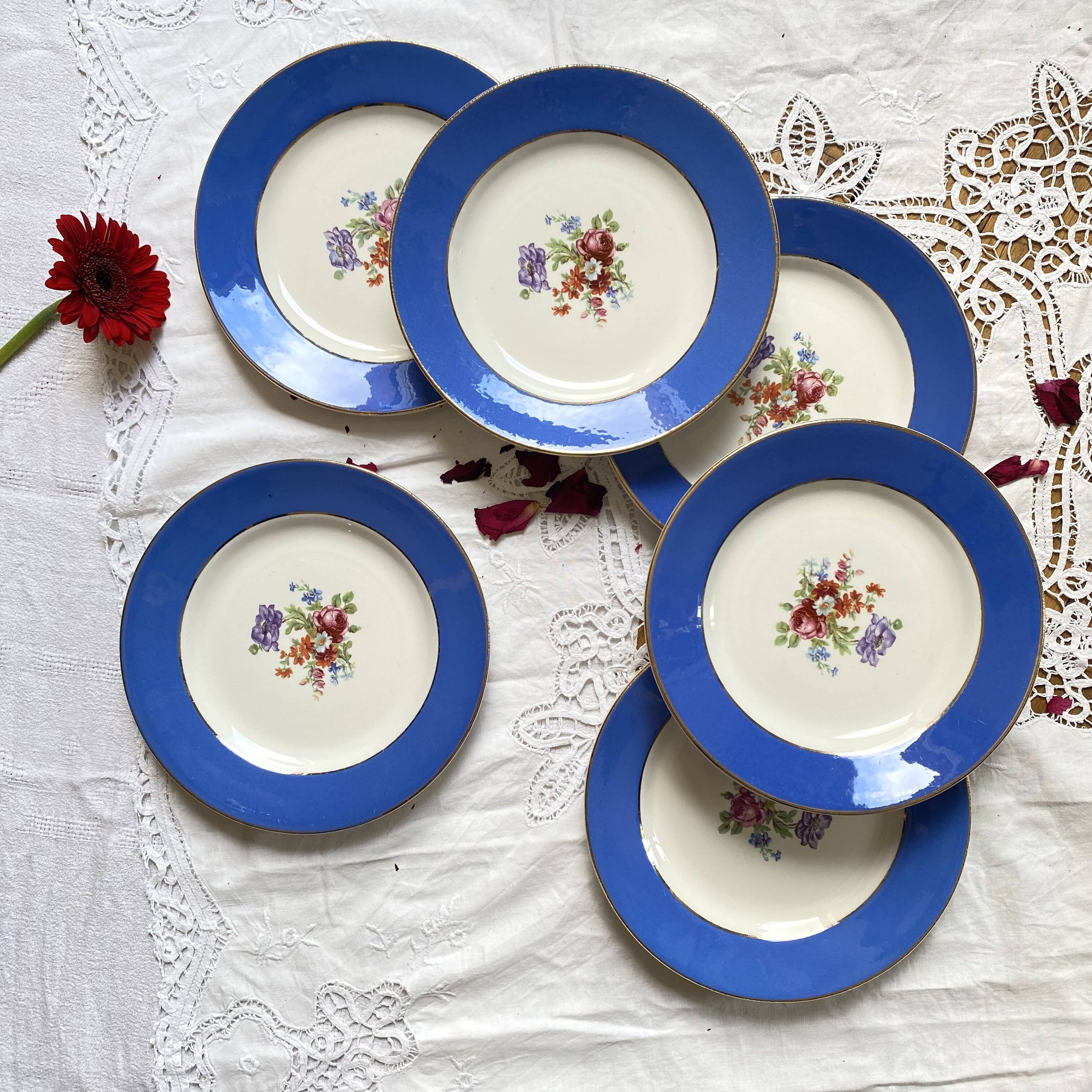 6 assiettes dessert faïence ancienne bleue fleurs dorure Saint Amand