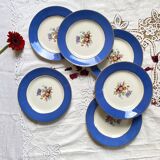 6 assiettes dessert faïence ancienne bleue fleurs dorure Saint Amand