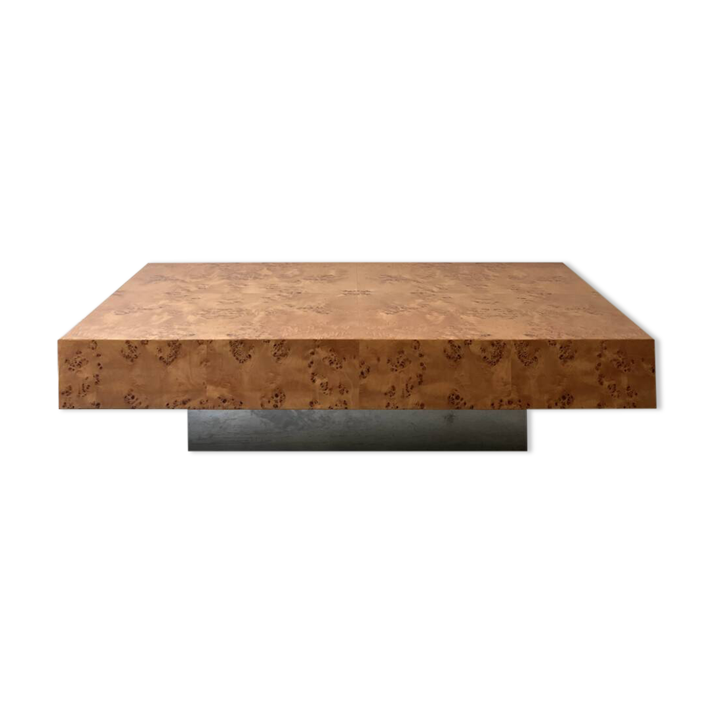 Coffee table with elm burl, integrated drawers, Mahey for Roche Bobois 1970.