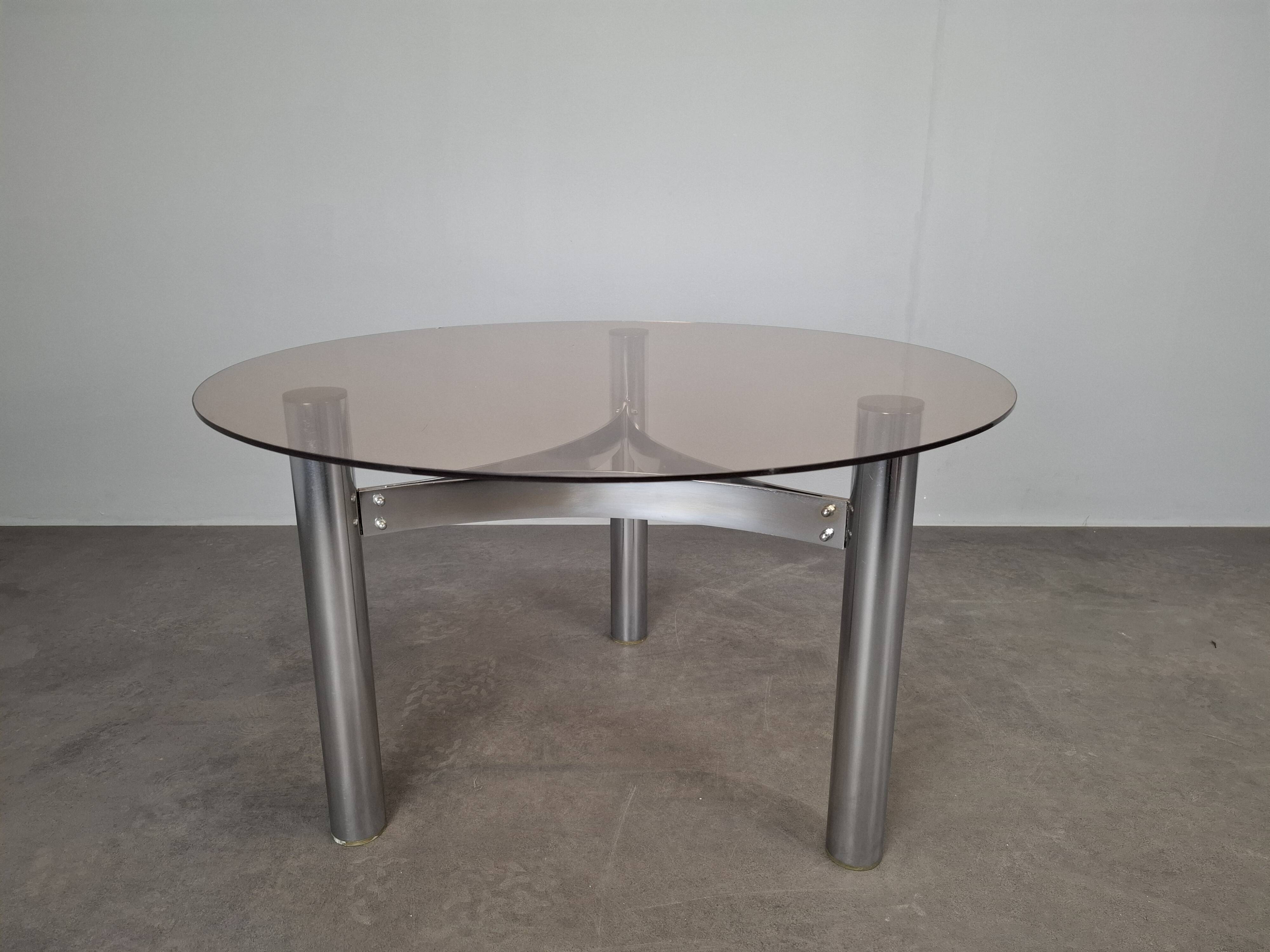 Mid-century Czechoslovak smoked glass coffee table, chrome metal, 1970s