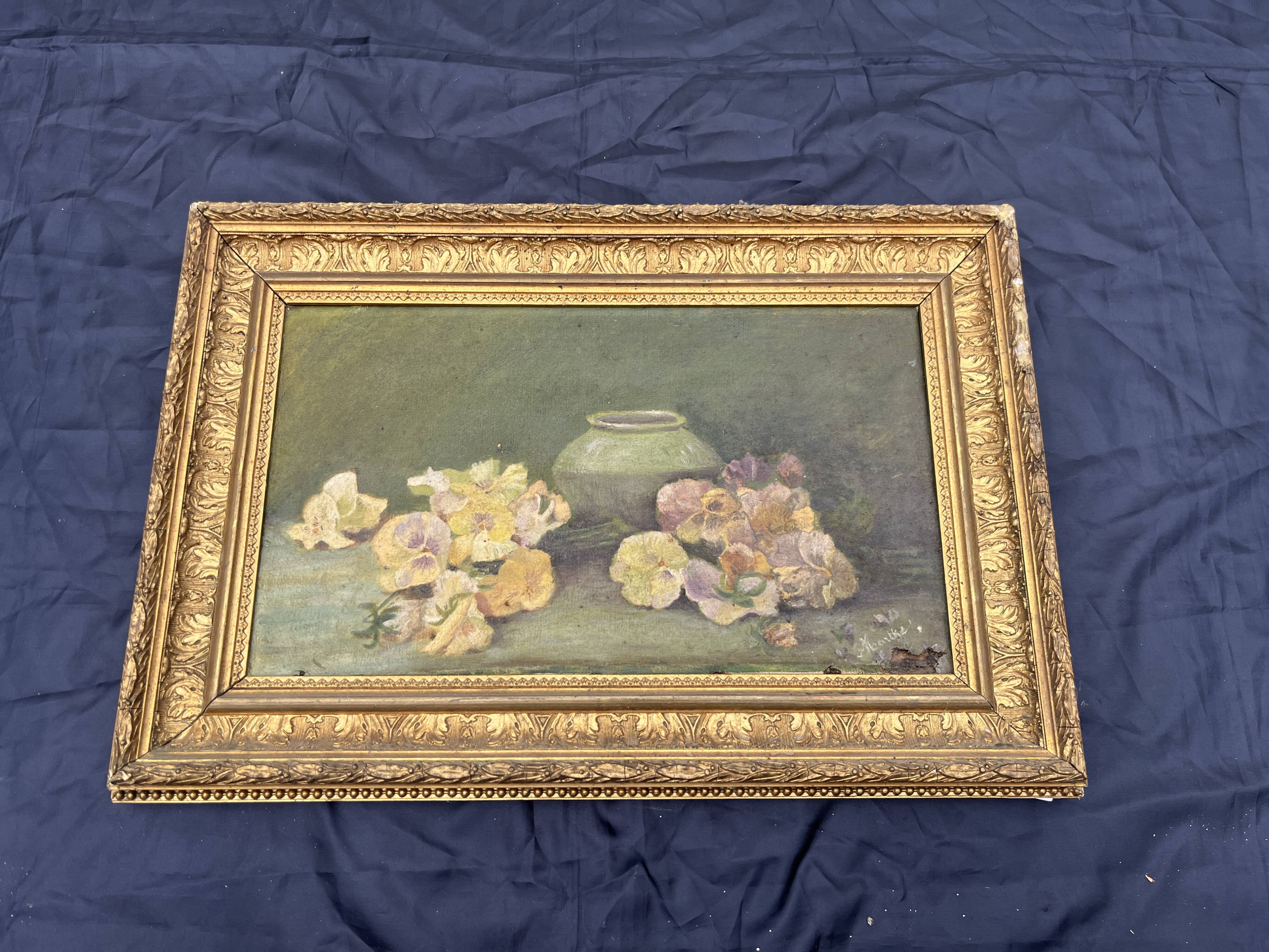 Antique still life painting with flowers signed Marthe, late 19th century