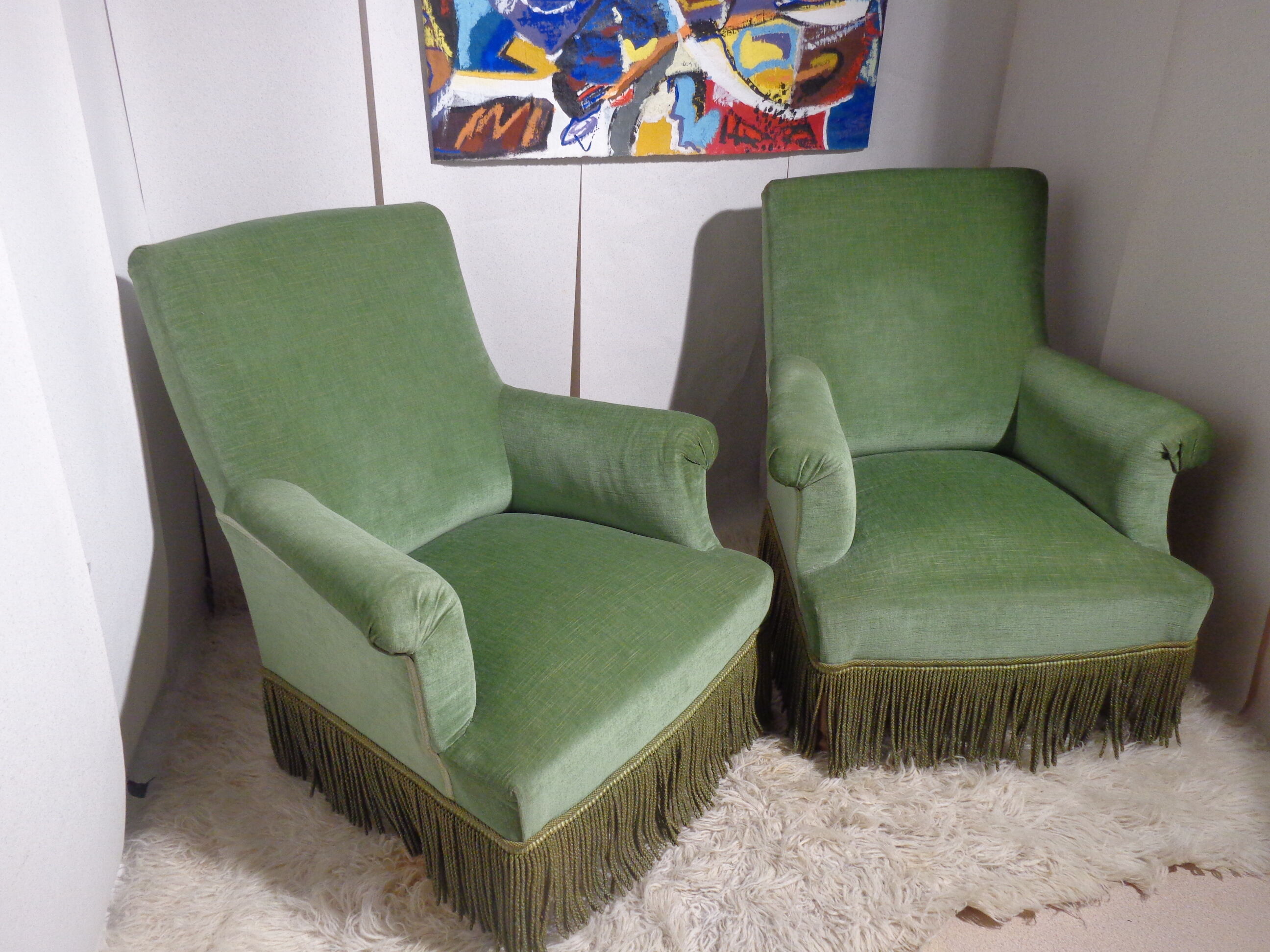 Pair of toad armchairs in green velvet