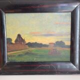 Tableau ancien, paysage de campagne