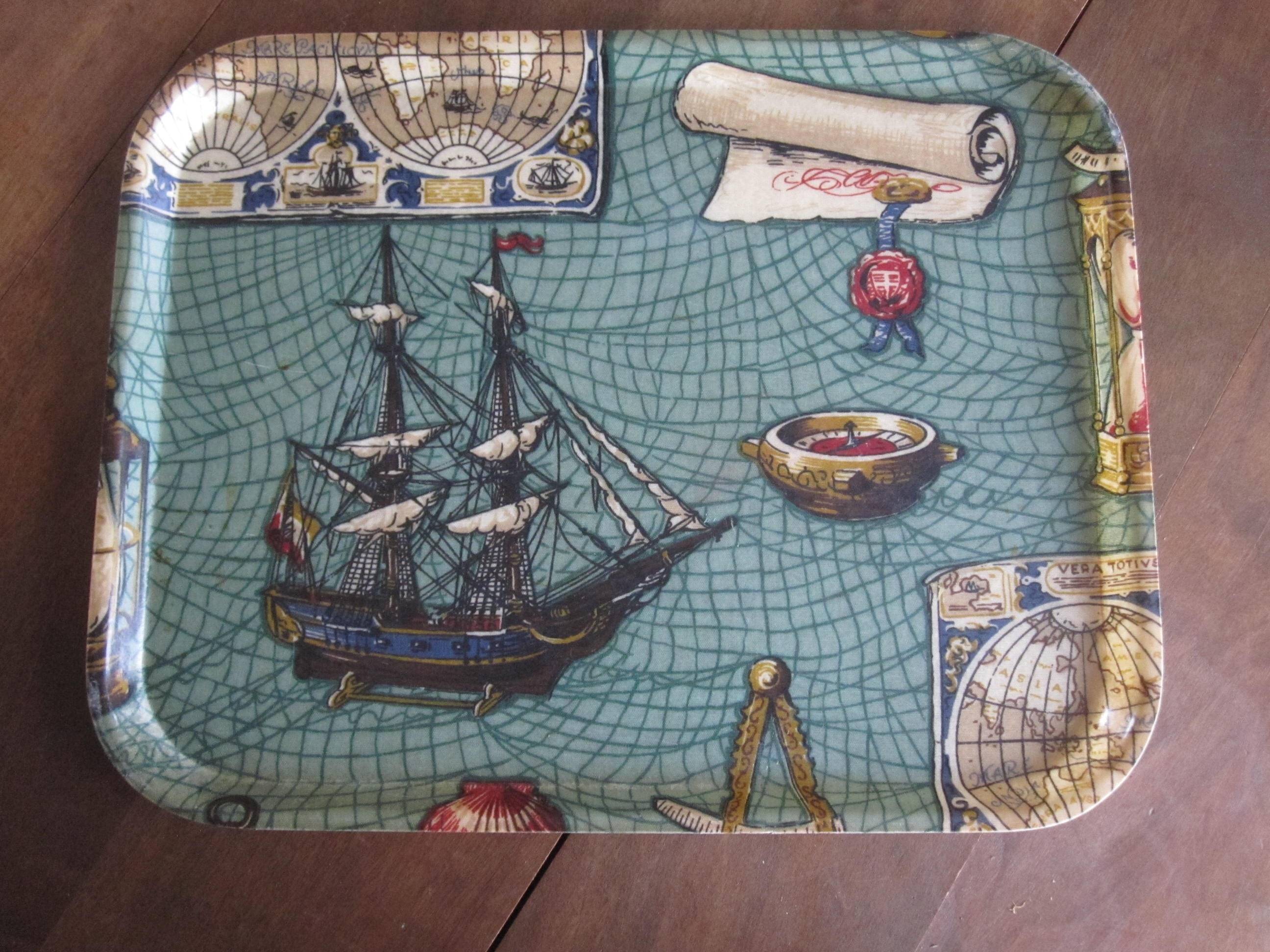 Old serving tray, boat at sea, 1960