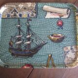 Old serving tray, boat at sea, 1960