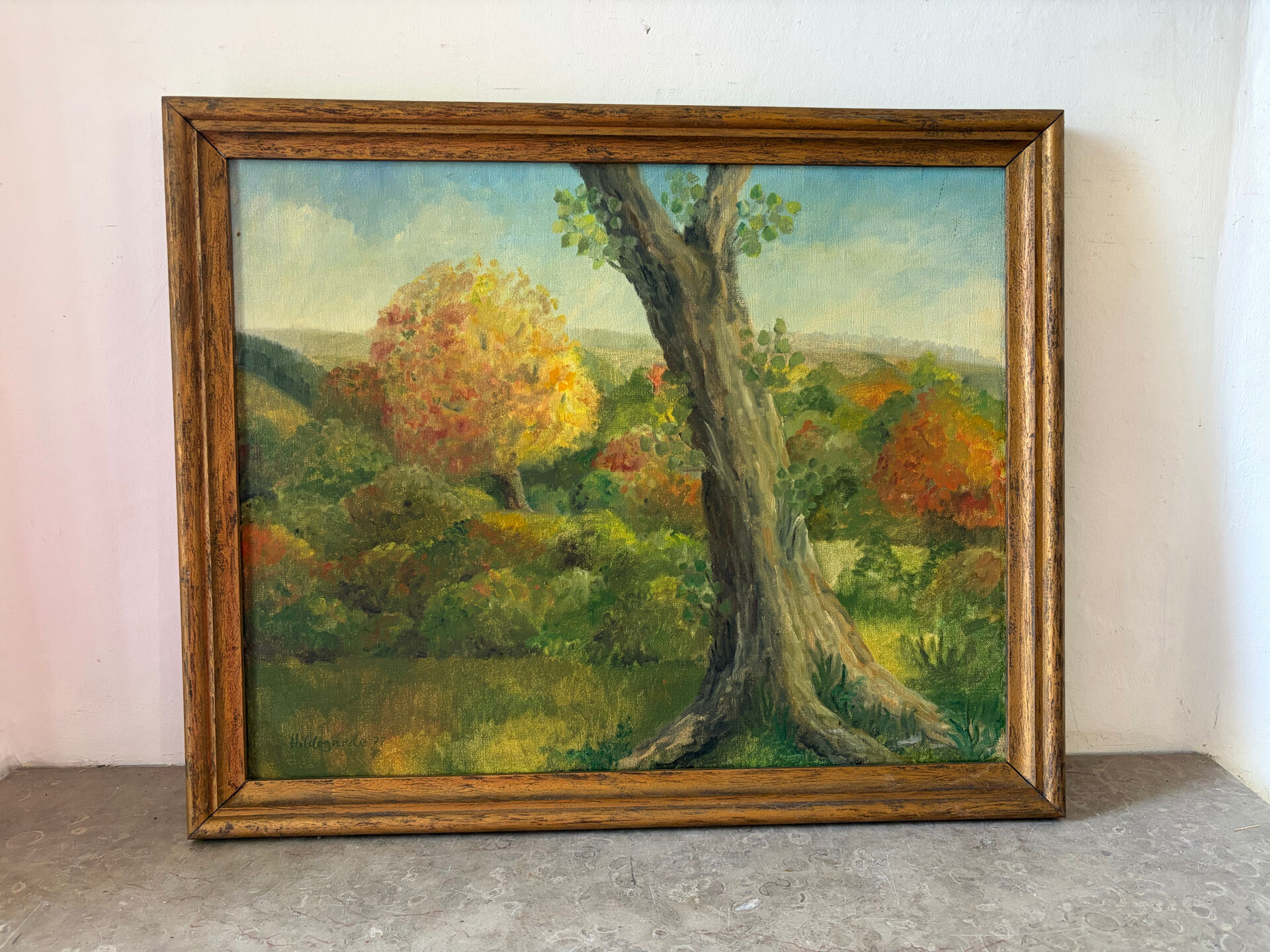 L’arbre des saisons, huile sur toile signé Hildegarde, 1977
