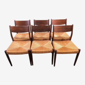 6 chaises en bois et paille, design scandinave Cees Braakman pour Pastoe, 1960