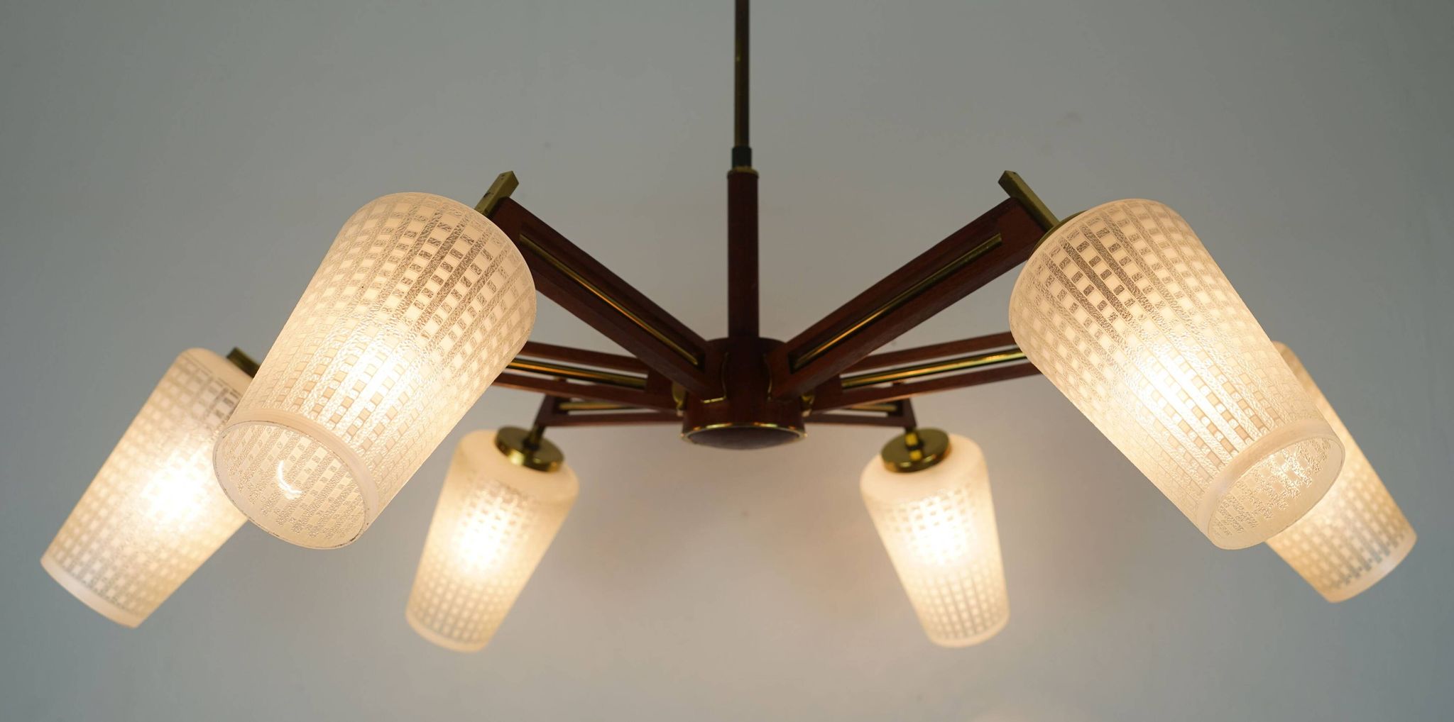 1960s mid century sputnik 8-light CHANDELIER teak brass glass ceiling light