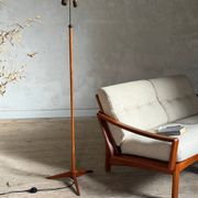 Scandinavian tripod reading lamp in teak and brass.