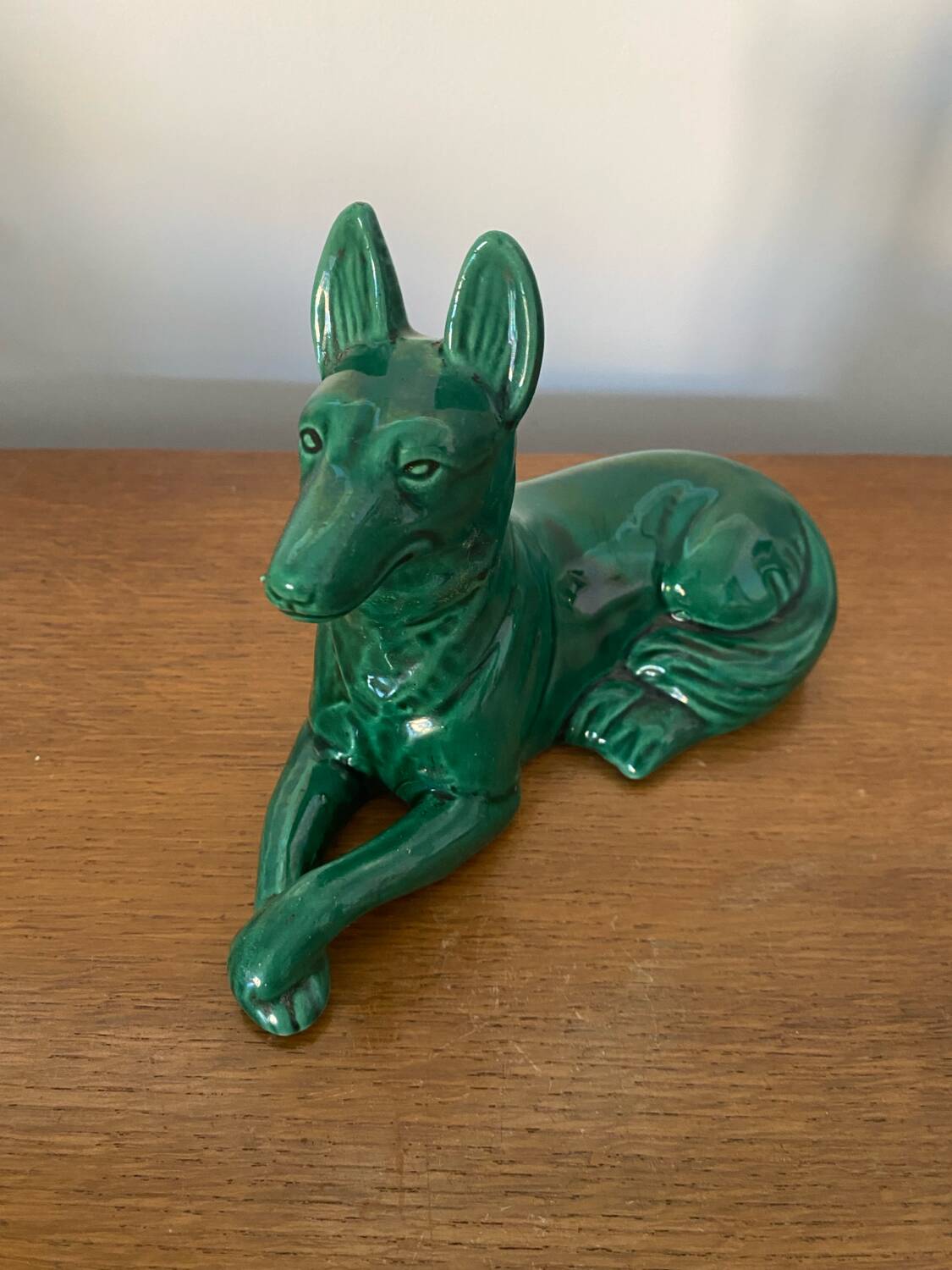 Antique St Clement German Shepherd Dog Sculpture Green Ceramic #C134