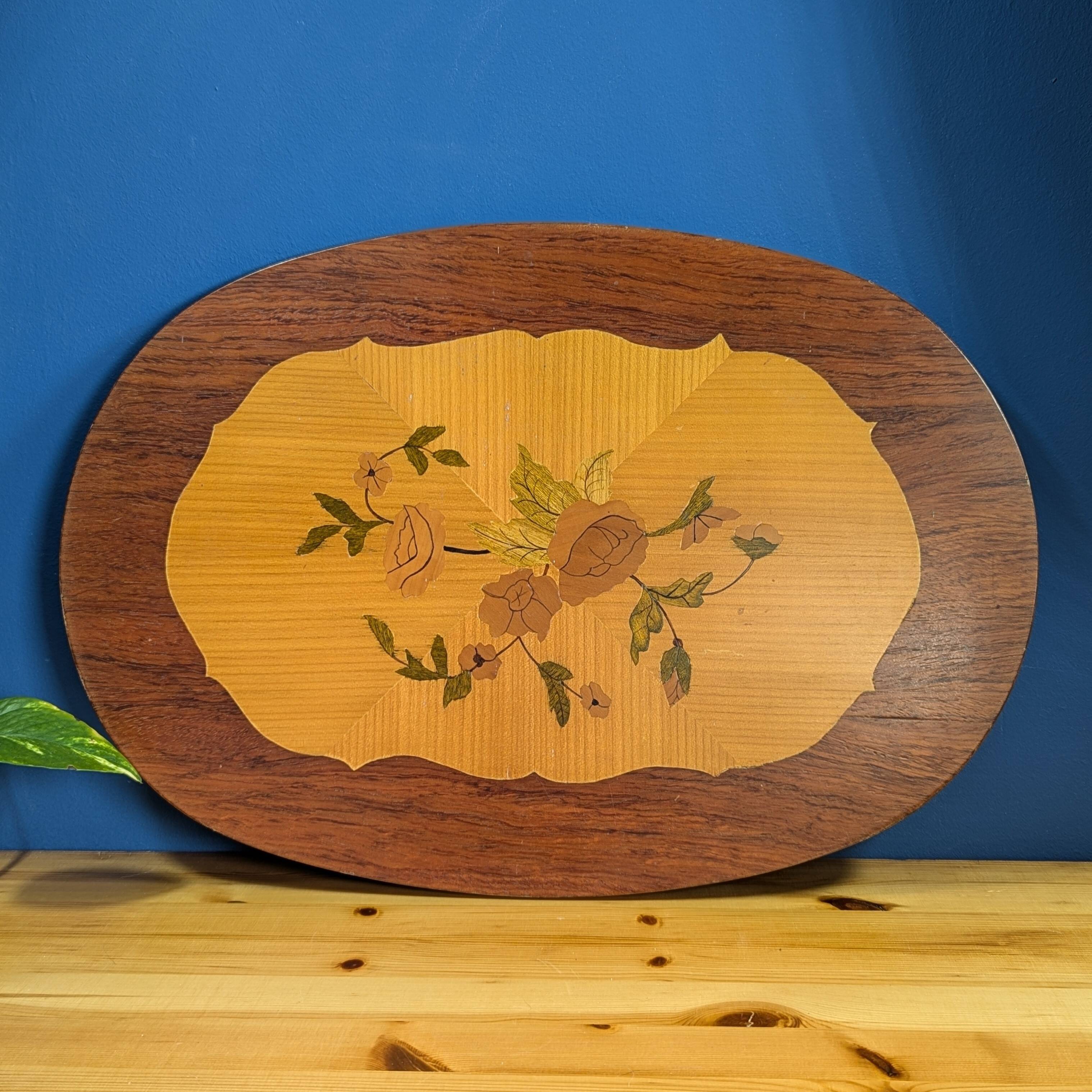 Large oval wooden tray with floral marquetry 50cm