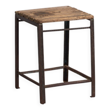 Vintage industrial stool made of pine wood and iron – Central Europe, around 1950
