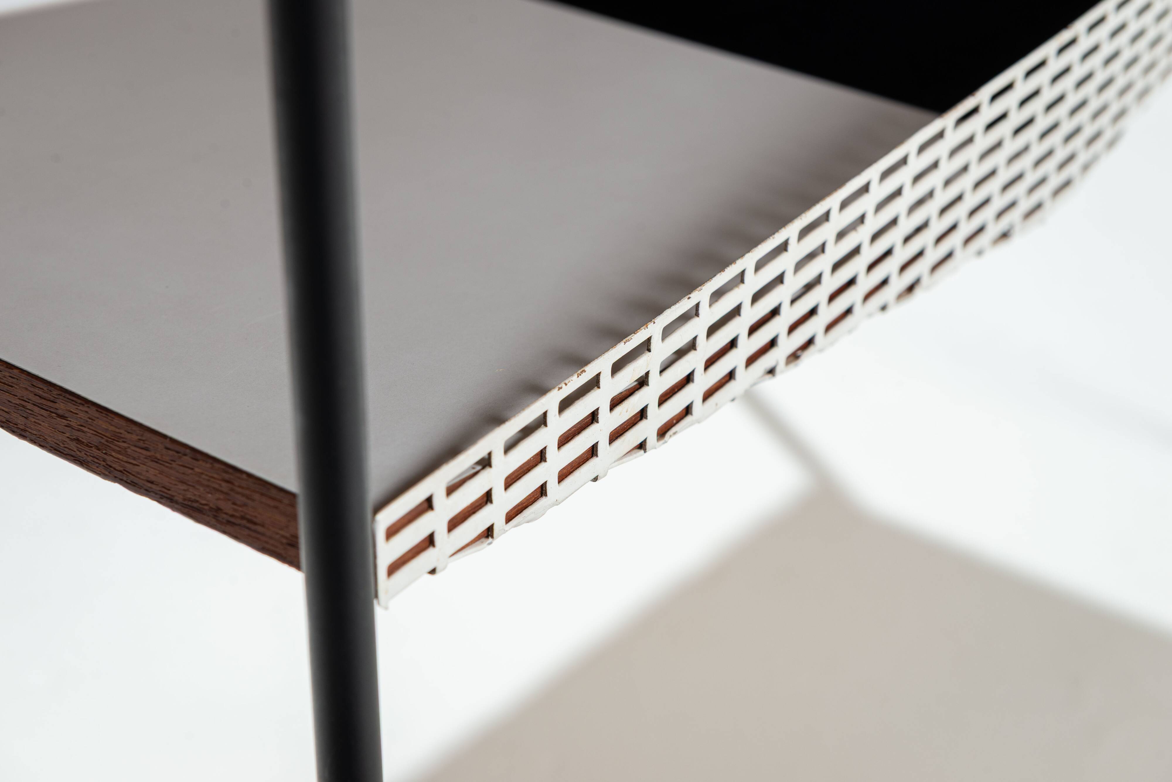 Sidetable with teak top and black and white storage shelves