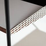 Sidetable with teak top and black and white storage shelves