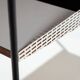 Sidetable with teak top and black and white storage shelves