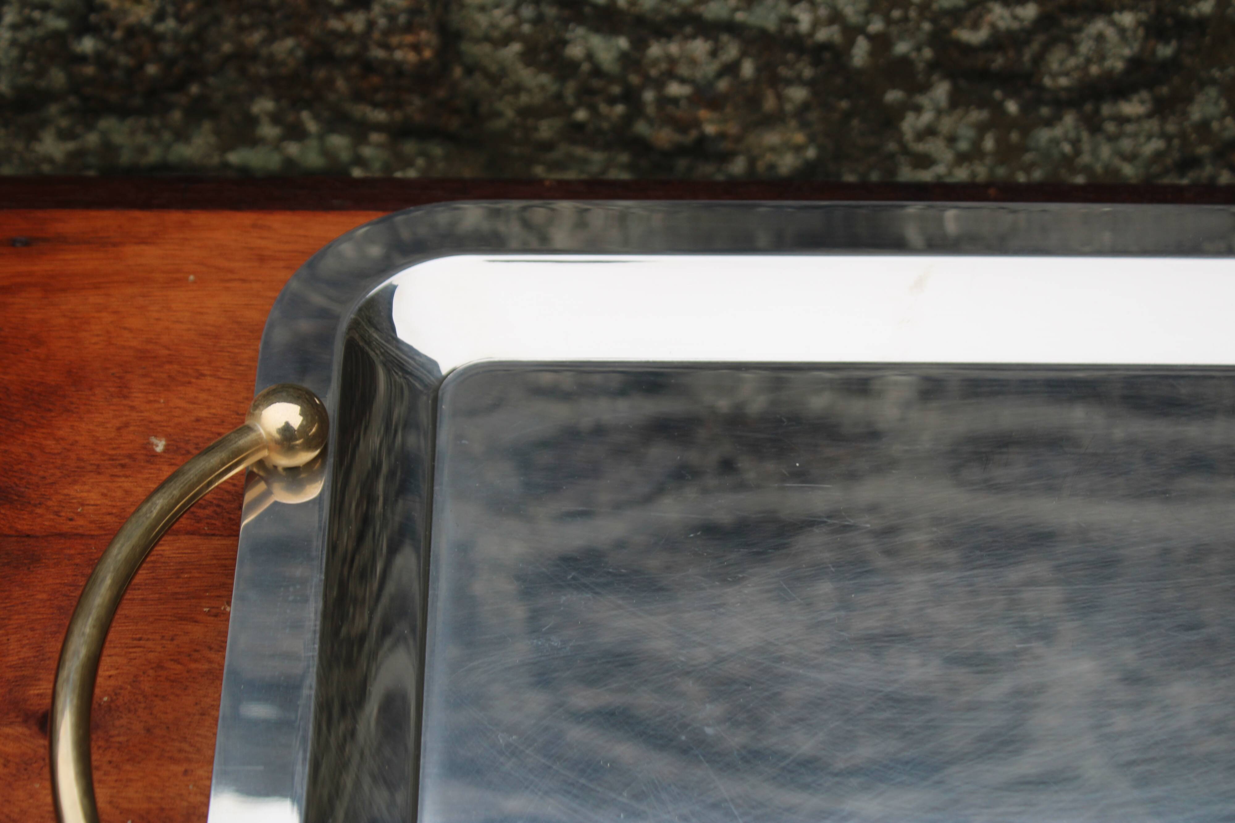 GUY DEGRENNE Serving Tray – Stainless Steel & Brass Handles – France