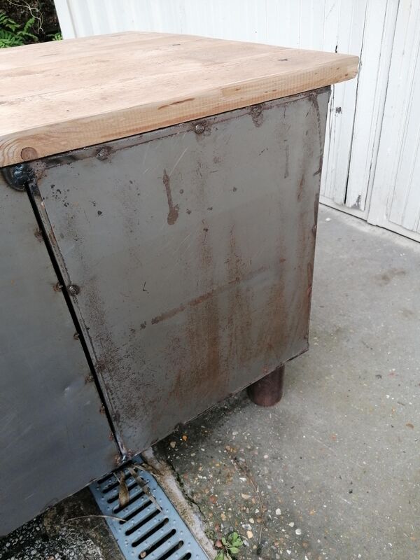 Établi d'atelier ancien, vintage, métal et bois