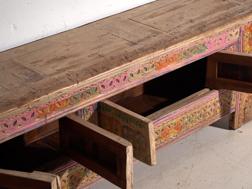 Antique carved low cabinet with drawers in pine – Xinjiang, circa 1900