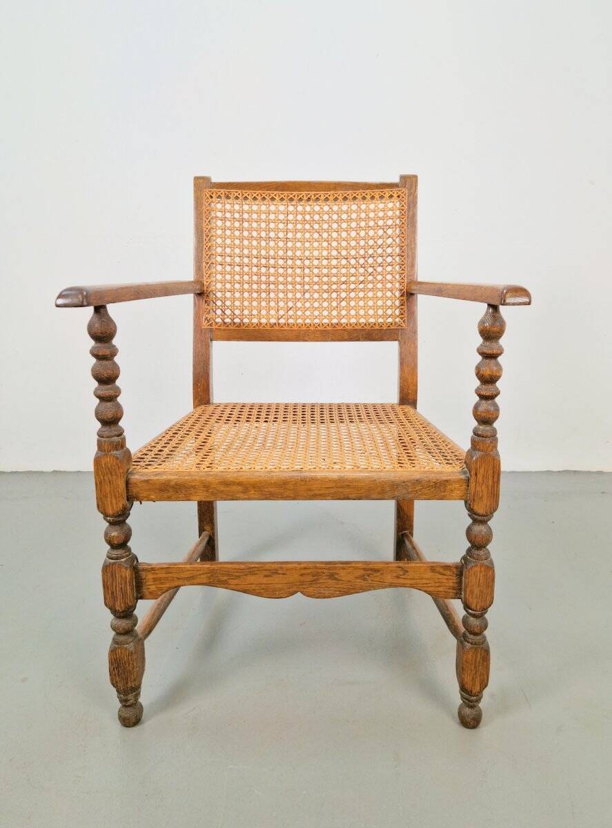 Arts & Crafts Dutch Spool Chair in Oak and Rattan, 1930s