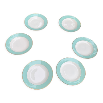 6 hollow plates in semi porcelain ceranord france white and mint, vintage and collector
