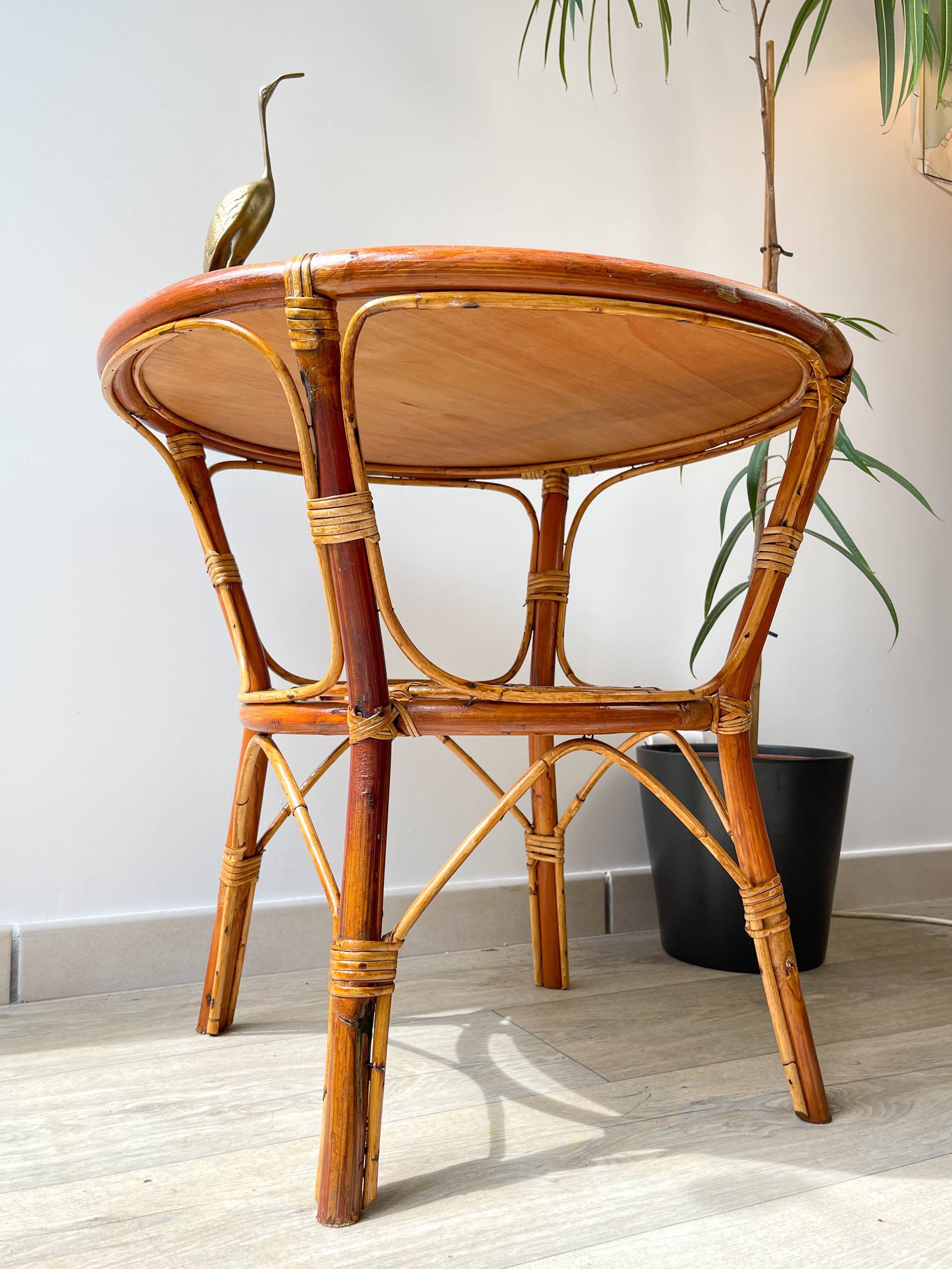 Vintage round rattan coffee table 1970