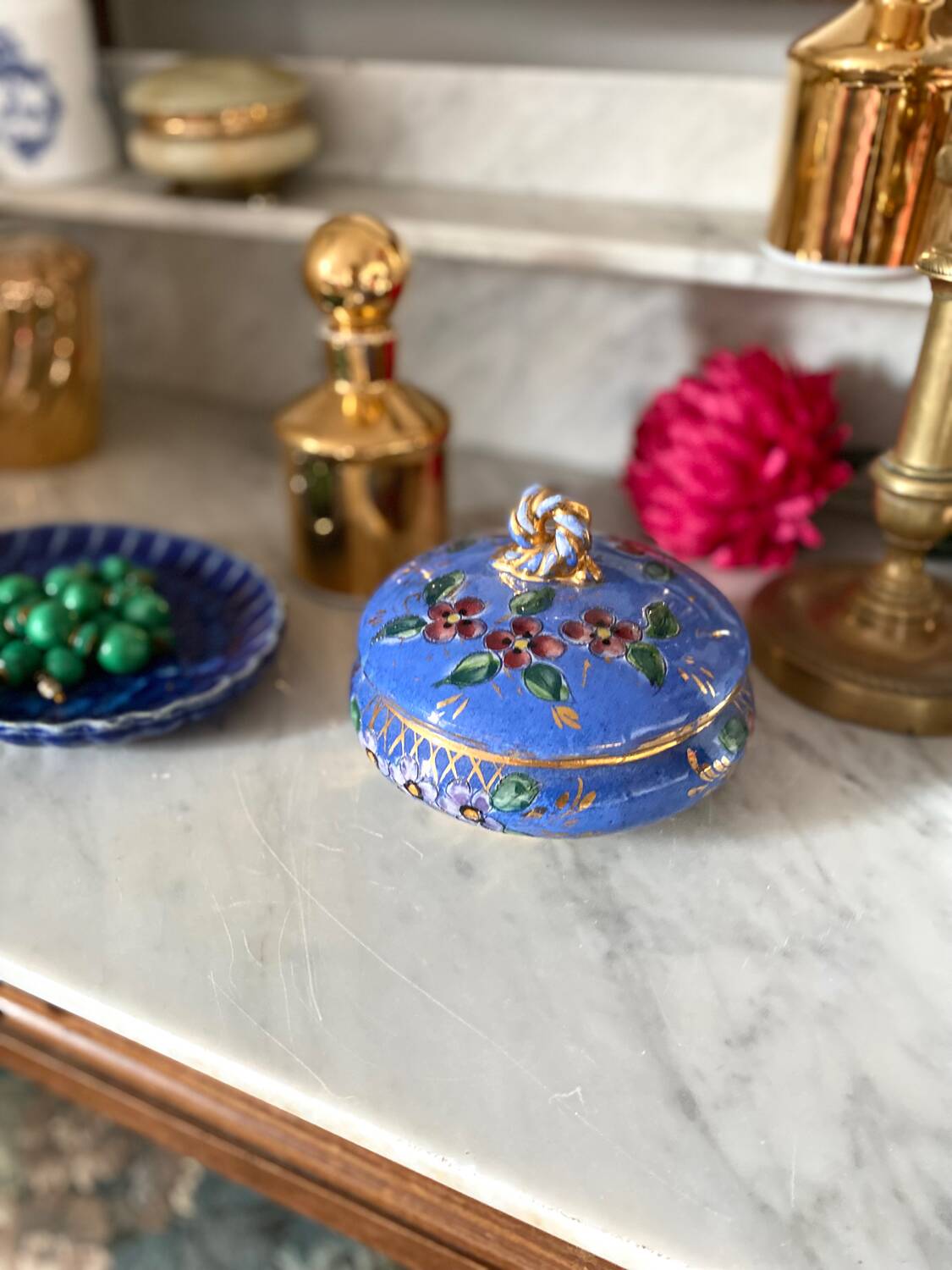 Old blue earthenware jewelry box