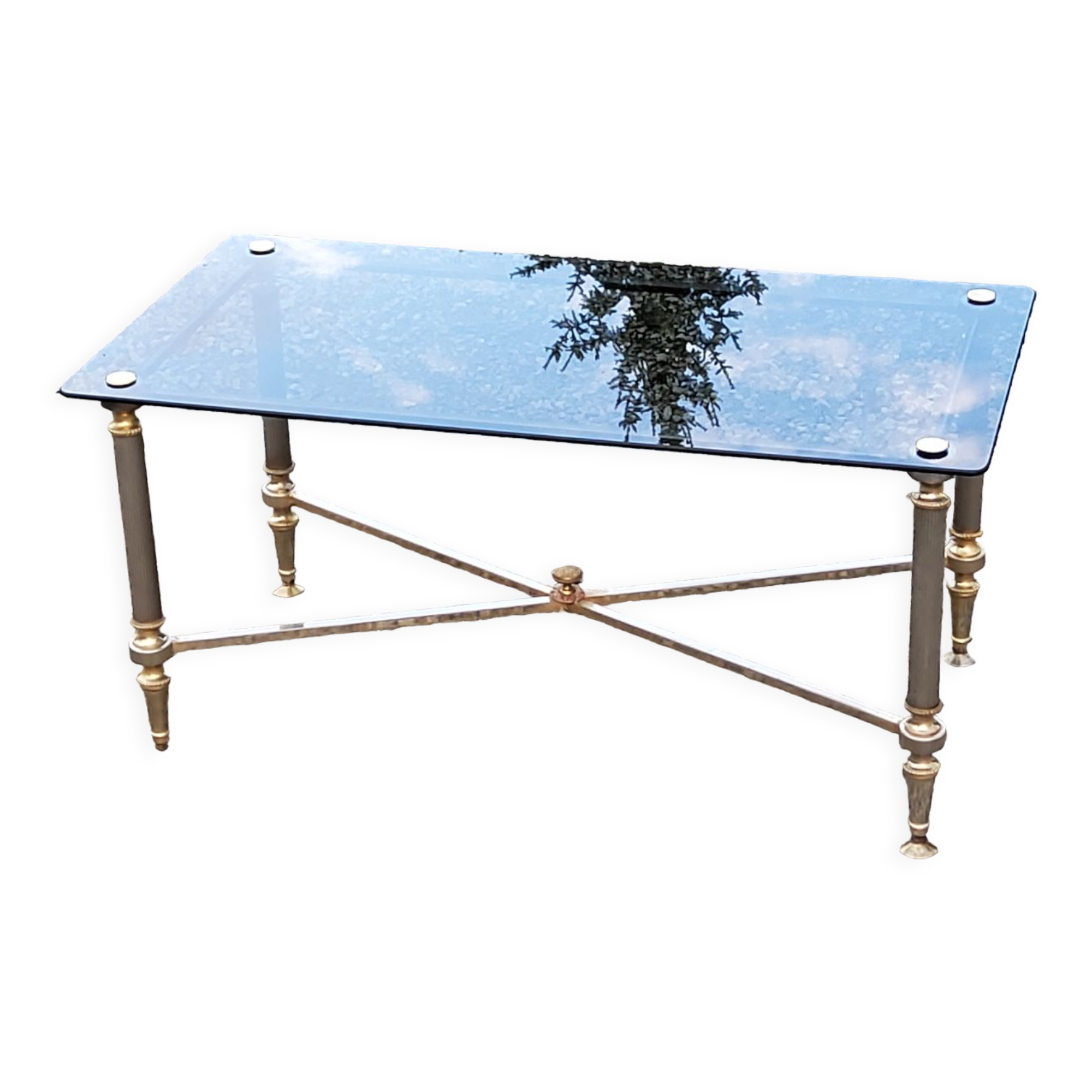 Coffee table of the 70s in neo-classical style gilded metal base and chrome smoked glass top