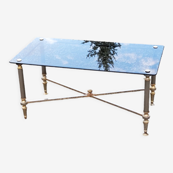 Coffee table of the 70s in neo-classical style gilded metal base and chrome smoked glass top