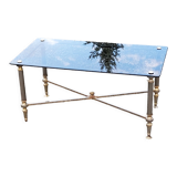 Coffee table of the 70s in neo-classical style gilded metal base and chrome smoked glass top
