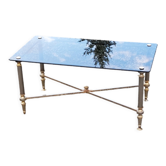 Coffee table of the 70s in neo-classical style gilded metal base and chrome smoked glass top