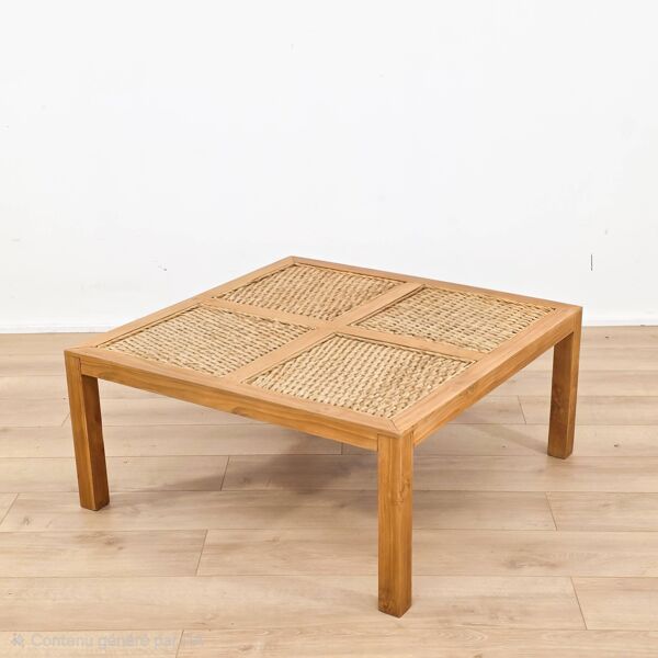 Table basse carrée en bois massif et cannage