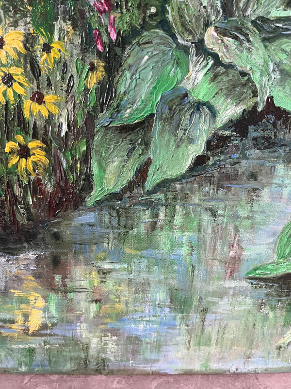 Jardin fleuri et ruisseau, signé